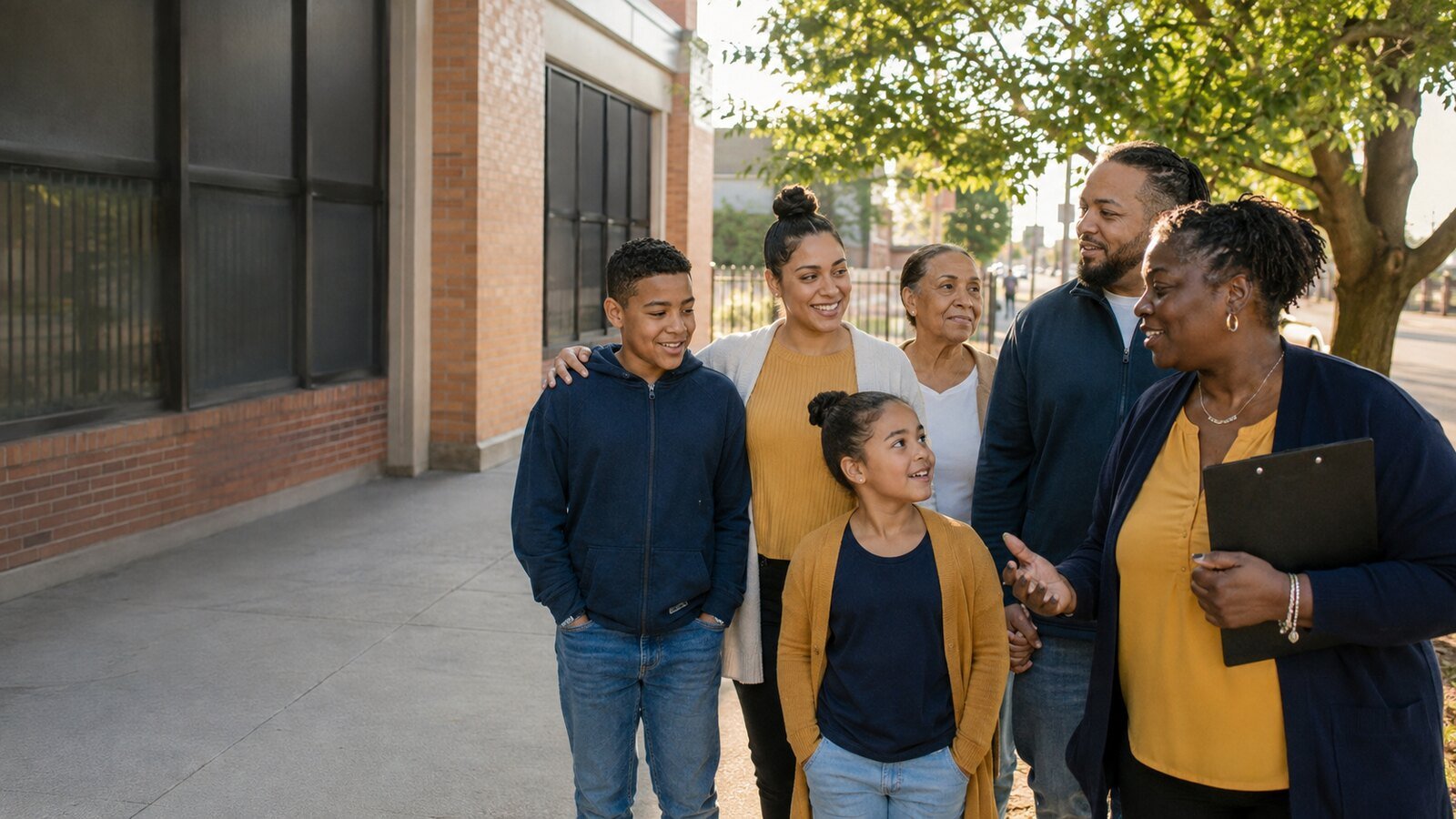 A diverse Hartford family walking with a community resource navigator